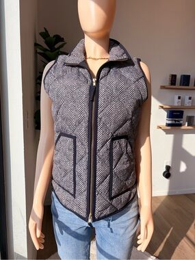 J. Crew Black & White Quilted Herringbone Zip Vest